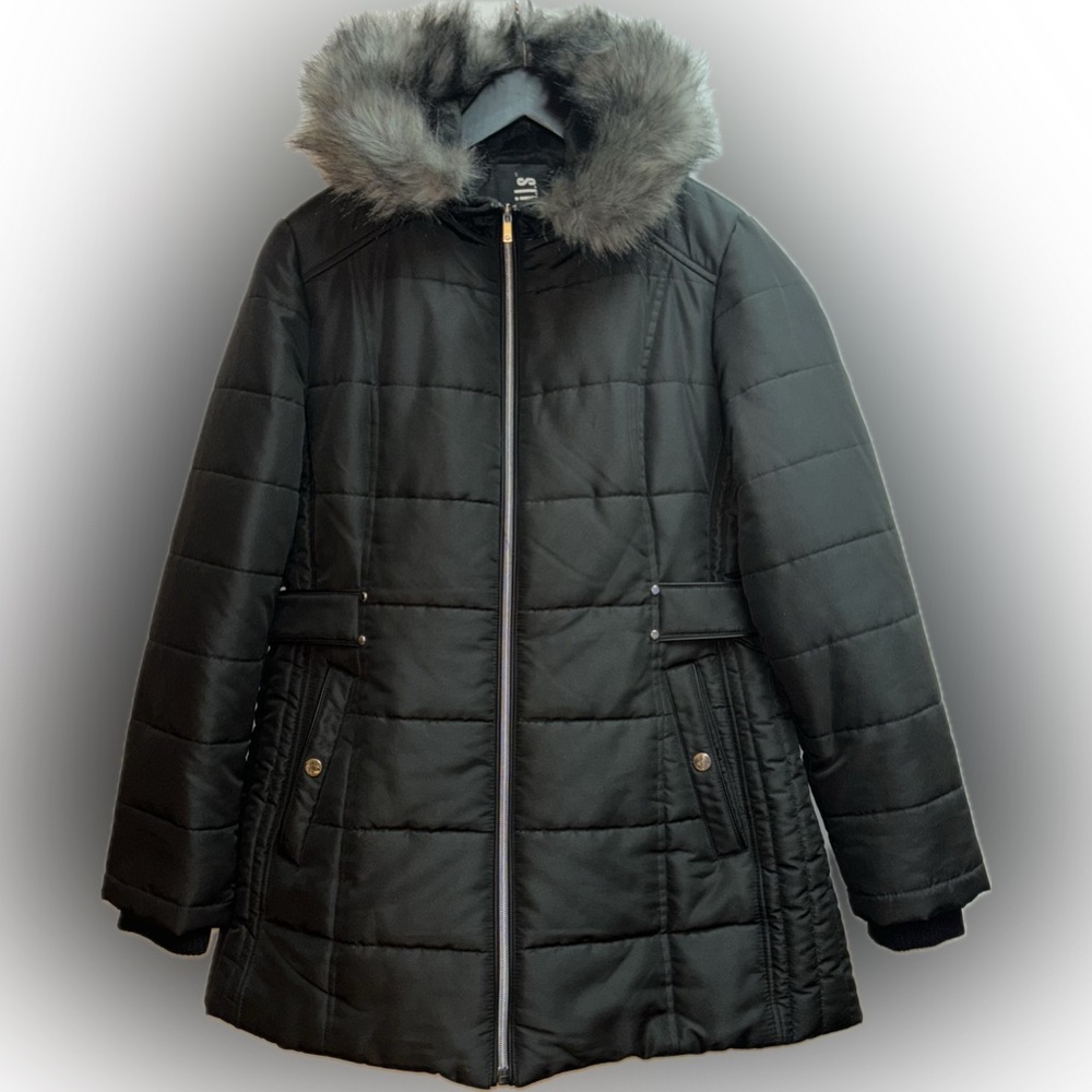 Details Women’s Vegan Fur Hood Black Puffer Jacket Size M